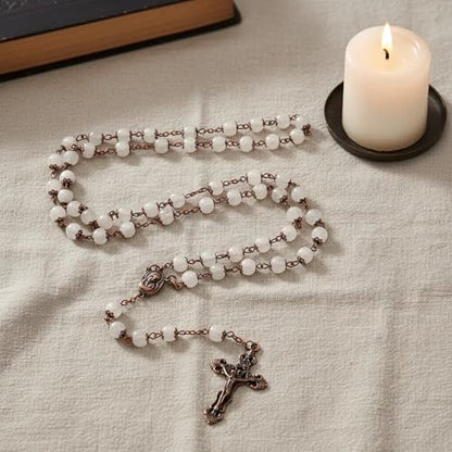 Nazareth Store Natural Stone Beads 8mm Rosary Necklace Antique Copper Design Holy Soil Medal & Cross in Velvet Bag - Catholic Rosaries Terra Santa Jerusalem Collection - color: Clear Agate