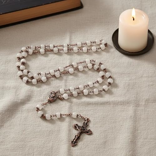 Nazareth Store Natural Stone Beads 8mm Rosary Necklace Antique Copper Design Holy Soil Medal & Cross in Velvet Bag - Catholic Rosaries Terra Santa Jerusalem Collection - color: Clear Agate
