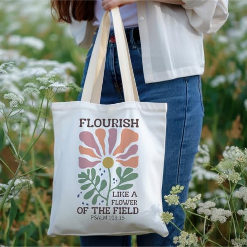 Christian Tote Bag Religious Gifts Canvas Bags for Women Men Shopping Work Gym Picnic Travel - color: Flourish Like a Flower of the Field Psalm 103:15