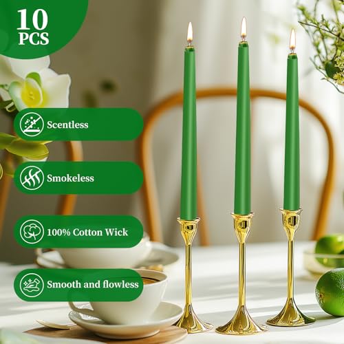 KONNI 0.87×10 Inch Green Taper Candles, Unscented and Smokeless Tall Candlesticks, 10 Pack Tapered Candles with Cotton Wicks, Long Burning, Ideal for Weddings, Dinner Parties, and Home Décor - color: Dark Green