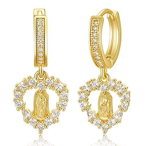 KissYan 14K Gold Plated Huggie Earrings for Women, S925 Sterling Silver Small CZ Cross Hoop Dangle Drop Earrings, Hypoallergenic Dainty Handmade Jewelry - style: Virgin Mary