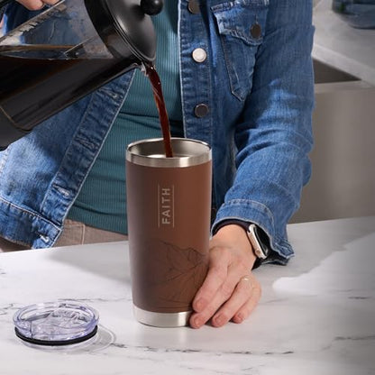 Christian Art Gifts Large Premium Stainless Steel Vacuum Sealed Insulated Travel Mug Tumbler for Men & Women: Faith Inspiring Mountain Theme, Leak-Proof Retractable Lid, All Day Hot/Cold, Brown, 18 oz - color: Brown Mountains/Faith
