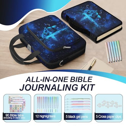 Lion Cross Large Bible Cover Case for Men, Bible Bag for Men Organizer with Strap & Handle Zipper Pocket, Bible Study Supplies Journaling Kit with Pens Highlighters Tabs Christian Gift - color: Lion Cross