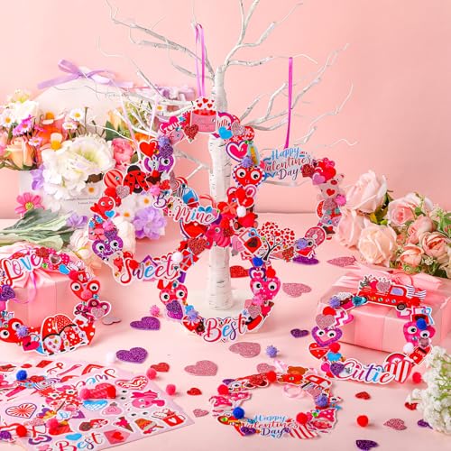 Hollowfly 48 Sets Valentine DIY Heart Wreath Craft Kits for Kids Activities - style: Happy Valentine‘s Day