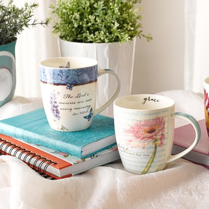 Christian Art Gifts Blue Butterfly Ceramic Coffee Mug – 12 oz. Microwave & Dishwasher-safe Inspirational Scripture Coffee & Tea Mug for Women with Bible Verse: The Lord's Mercies –Lamentations 3:22-23 - color: White & Blue Butterfly/Mercies are New