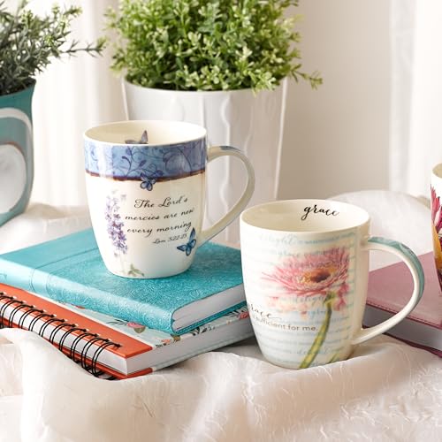 Christian Art Gifts Pink Chrysanthemum Floral Ceramic Coffee Mug 12 oz. - color: White & Pink Floral/Grace is Sufficient