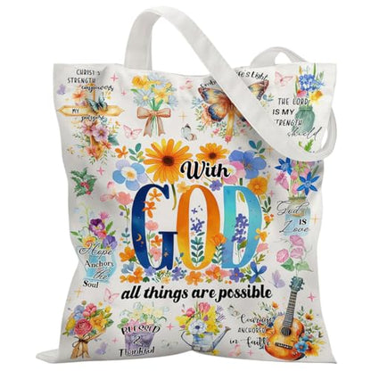 Canvas Tote Bags Reusable Shopping Bag for Women with Zippered Inner Pocket Magnetic Snap Closure - color: God