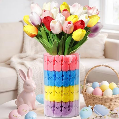 ALFEVA Easter Decorations-Vase in Vase 15pcs Artificial Tulips and 56 Peeps Bunnies Filler, Easter Vase Set Ready to Display，Spring Decorations for Home Table - size: 4.7"/2.7" Vase with 15 Tulips & Bunny