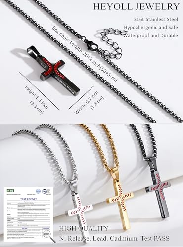 Baseball Cross Necklaces for Boys Men, Colourfast Stainless Steel Bible Verse Cross Chain Pendant Necklace Baseball Accessories Stuff Confirmation First Communion Gifts for Boys Teens - color: Black