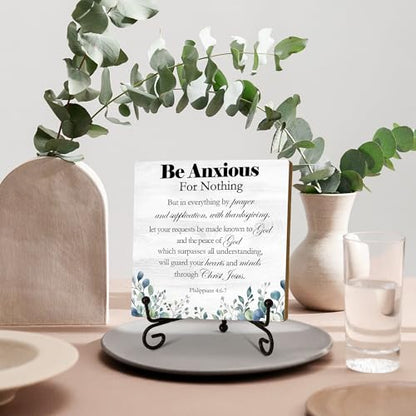 Be Anxious For Nothing Wooden Sign Decor, Philippians 4:6-7 Scripture Plaque, Rustic Wooden Plaque Sign With Iron Stand, Farmhouse Home Office Restroom Desk Shelf Decorations - style: Christian-B