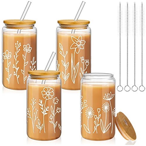 Mumufy 4 Pack Boho Floral Glass Cup, 16 oz Tumbler Mug with Bamboo Lid - style: Boho Floral