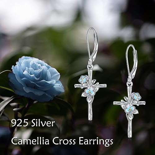 LUHE Sterling Silver Corss/Daisy/Musica Note Dangle Earrings for Women - style: Camellia Cross Earrings