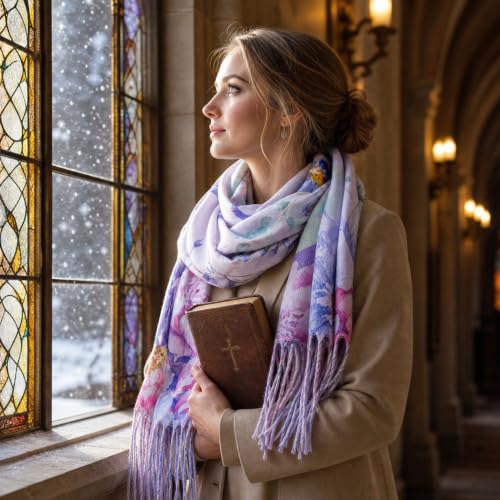 The Virgin Mary Bible Verse Shawls for Women, Catholic Christian Blanket Scarf Gifts or Mom Teacher Christmas - color: Purple Butterfly