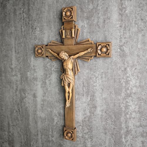BC Catholic Crucifix Wall Cross, Jesus Christ Home Decor, Wood Carve Looking, 12"H, Hand Painted by Buildclassic - color: Wooden