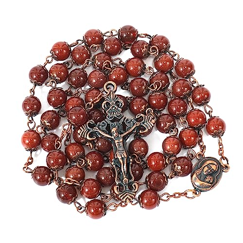 Nazareth Store Natural Stone Beads 8mm Rosary Necklace Antique Copper Design Holy Soil Medal & Cross in Velvet Bag - Catholic Rosaries Terra Santa Jerusalem Collection - color: Red Carnelian