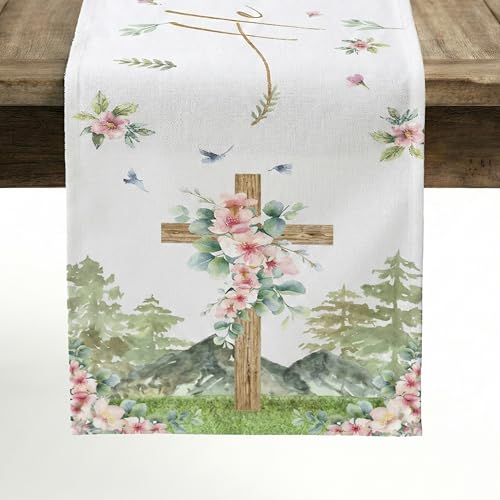 Easter Table Runner 13 x 72 Inch, Rustic Wood Cross with Spring Floral Design, He is Risen Religious Table Decor, Modern Farmhouse Kitchen Dining Runner for Easter Sunday & Family Party - style: Rustic Floral Cross