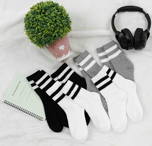 BomKinta Womens Striped Crew Socks Retro Above Ankle Cotton Sock Size 5-10 - color: 6 Pairs-2 Black 2 White 2 Grey