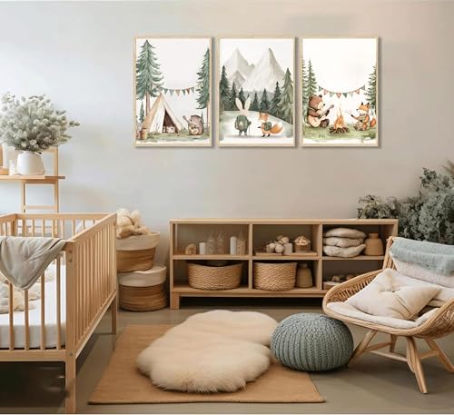 3Pcs Woodland Animal Wall Art Boys Room Wall Decor 12x16in Unframed - color: Green, size: 12x16 Posters