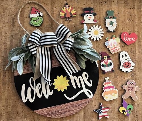 Interchangeable Welcome Sign for Front Door, 12" Rustic Wood Wreath with 14 Seasonal Icons, Year-Round Porch Decor & Housewarming Gift