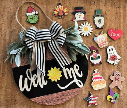 Interchangeable Welcome Sign for Front Door, 12" Rustic Wood Wreath with 14 Seasonal Icons, Year-Round Porch Decor & Housewarming Gift