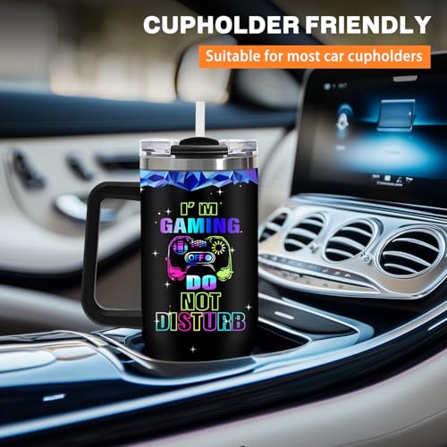 40oz Gamer Insulated Tumbler, Gaming Gifts for Boys Teenager Men, Gradient Gamepad Coffee Mug, Double Wall Stainless Steel Travel Cup with Handle Straw, Game Controller Present for Son Teen Birthday - color: Game-D-76