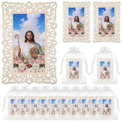 12 Pcs Catholic Saint Jude Wooden Picture Frames with Gift Bags, Baptism Favors for Christening Memorial, Catholic Gifts, First Communion (Rectangle)