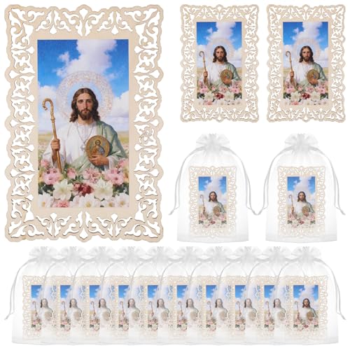 12 Pcs Catholic Saint Jude Wooden Picture Frames with Gift Bags, Baptism Favors for Christening Memorial, Catholic Gifts, First Communion (Rectangle)