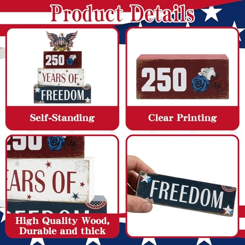 4 Pcs 250th Anniversary 4th of July Table Decorations Eagle Patriotic Wooden Block Signs Memorial Day Tiered Tray Decor Red White Blue Table Centerpieces Independence Day Decorations for Home Office Shelf - style: Eagle