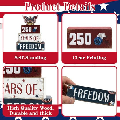 4 Pcs 250th Anniversary 4th of July Table Decorations Eagle Patriotic Wooden Block Signs Memorial Day Tiered Tray Decor Red White Blue Table Centerpieces Independence Day Decorations for Home Office Shelf - style: Eagle