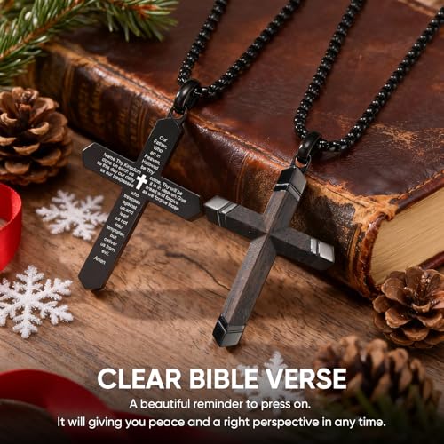 FLHEART Wooden Cross Bible Verse Necklace for Men, Hawaiian Handmade Real Black Ebony Wood Cross Pendant Stainless Steel Chain, Mens Cross Necklaces Koa Wood Jewelry Christian Baptism Easter Gifts - style: Lord's Prayer - 1pc
