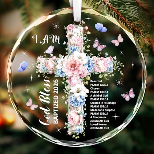 Fatbaby God Bless Baptized Glass Ornament 2026, Baptism Gifts for Girls Women Besitie Friend, Religious Easter Decorations, Cross Christening Gift for Goddaughter, Catholic Baptism Gift - color: God Bless Baptized