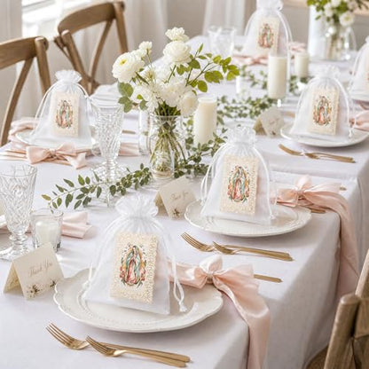 12 Pcs Our Lady of Guadalupe Wooden Picture Frames with Organza Gift Bags, Holy Prayer Cards First Communion Christening Memorial Engrave Baptism Favors for Guests, Catholic Gifts