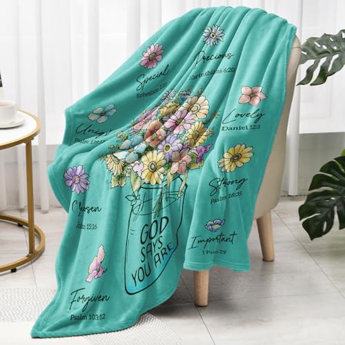 Christian Gifts for Women, Aqua Christian Blanket with Flowers 80''x 60'' - color: Aqua, size: 80"x60"
