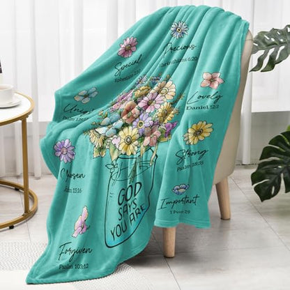 Christian Gifts for Women, Aqua Christian Blanket with Flowers 80''x 60'' - color: Aqua, size: 80"x60"