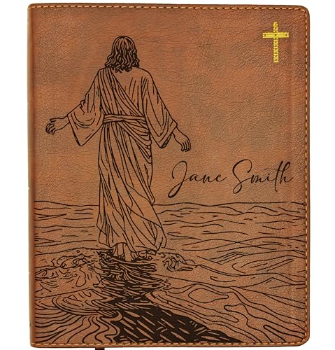 Personalized NIV Journal the Word Bible – Double Column Brown Leathersoft Faux Leather | Custom Name Engraved | Red Letter Comfort Print Edition with Wide Margins for Notes & Reflections (Jesus on W) - style: Jesus on Water