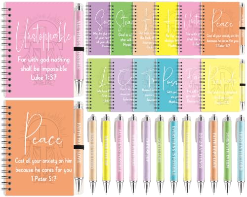 12 Set Christian Spiral Notebooks Bulk with Ballpoint Pen Christian Gifts Bulk Colorful Bible Verse Spiral Notebook Ballpoint Pen Inspirational Scripture Prayer Notebook Set for Church School Supplies - color: Colorful