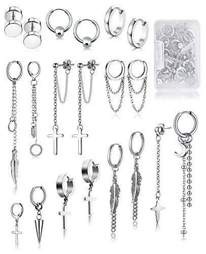 20 Pieces Men Earrings Set - Black Stainless Steel Chain Hoop Earrings Cross Moon and Star Dangle Earrings Piercing Jewelry for Men Women - color: Silver