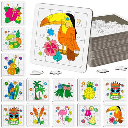 Cinrobiye 24 Pcs Hawaiian Luau Coloring Puzzle Craft Kit for Kids, DIY Aloha Tropical Jigsaw Puzzles Bulk with 12 Designs, Summer Beach Party Favors, Classroom Crafts, Birthday Rewards - color: Hawaii