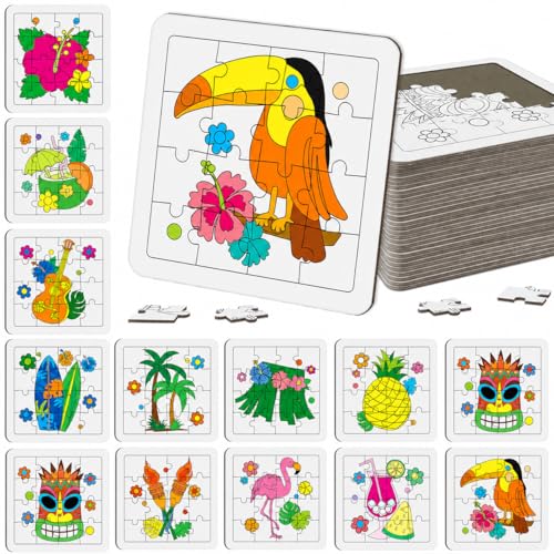 Cinrobiye 24 Pcs Hawaiian Luau Coloring Puzzle Craft Kit for Kids, DIY Aloha Tropical Jigsaw Puzzles Bulk with 12 Designs, Summer Beach Party Favors, Classroom Crafts, Birthday Rewards - color: Hawaii
