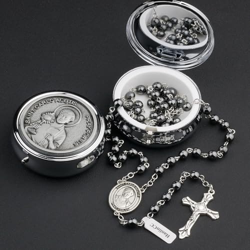 HanlinCC Saint Carlo Acutis Catholic Rosary Necklace with Gift Box - color: Hematite