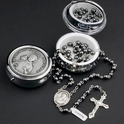 HanlinCC Saint Carlo Acutis Catholic Rosary Necklace with Gift Box - color: Hematite