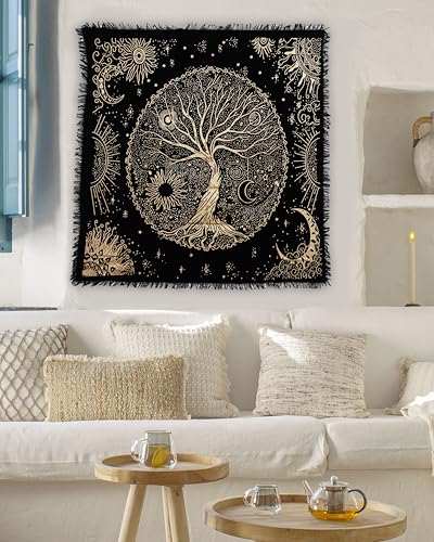 Indian Consigners Tree of Life Altar Cloth Tapestry Tablecloth Celtic Trees Ritual Spiritual Cloth for Sacred Places, Cotton Square Tarot Table Cover 18 by 18 Sacred - color: Golden Celestical Dry Tree, size: 18" x 18" (Square)