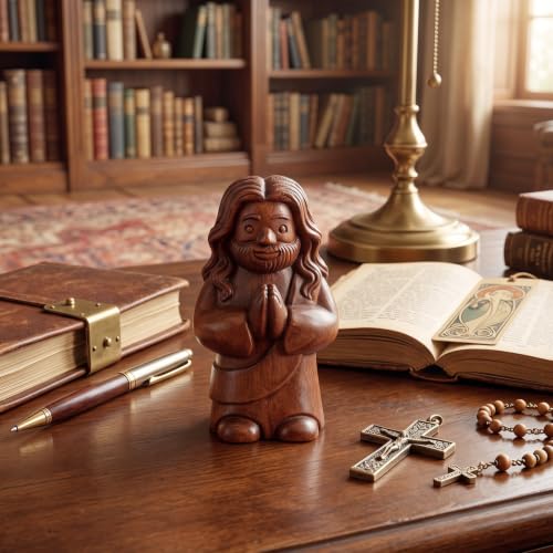 Fuutreo Wooden Mini Jesus Figurine Praying Christian Little Jesus Statue