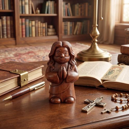 Fuutreo Wooden Mini Jesus Figurine Praying Christian Little Jesus Statue