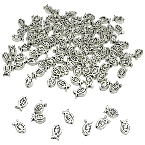 100PCS Jesus Fish Beads, Antique Silver Christian Charms for Jewelry Making