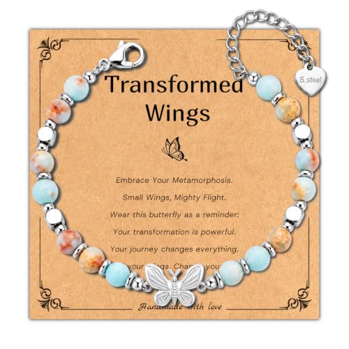 Bracelet for Women Natural Stone Beaded, Stainless Steel Charms, Adjustable - color: 4-Butterfly