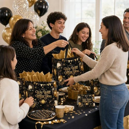 Farewell Gift Bag with Tissue Paper and Card, Black Gold Large Bag