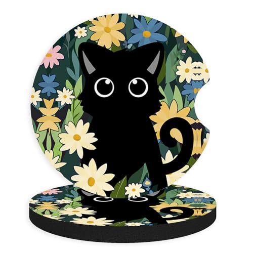 2pcs Cute Black Cat Car Coasters,Absorbent Universal neoprener Cup Holder Coasters with a Finger Notch,Car Accessories for Women&Man Interior，2.75" 2 - color: Cute Black Cat 2