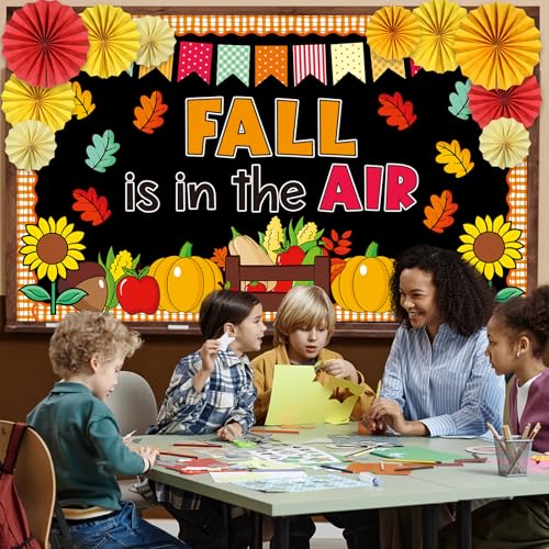 Fall Thanksgiving Bulletin Board Set for Classroom Decoration Fall is in The Air Paper Cutouts with 3D Paper Fans Autumn Leaves Pumpkins Bulletin Board for School Office Harvest Wall Decor - style: Fall is in The Air