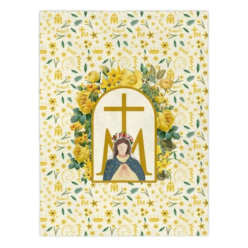 White Baby Blanket Baptism, Hail Mary Full Of Grace Yellow Floral Blanket For Catholic Babies & Adults, Baptismal Baby Gift, Marian Devotion, Velveteen Minky Blanket, Baby Girl Christian Gifts - color: #Ver16